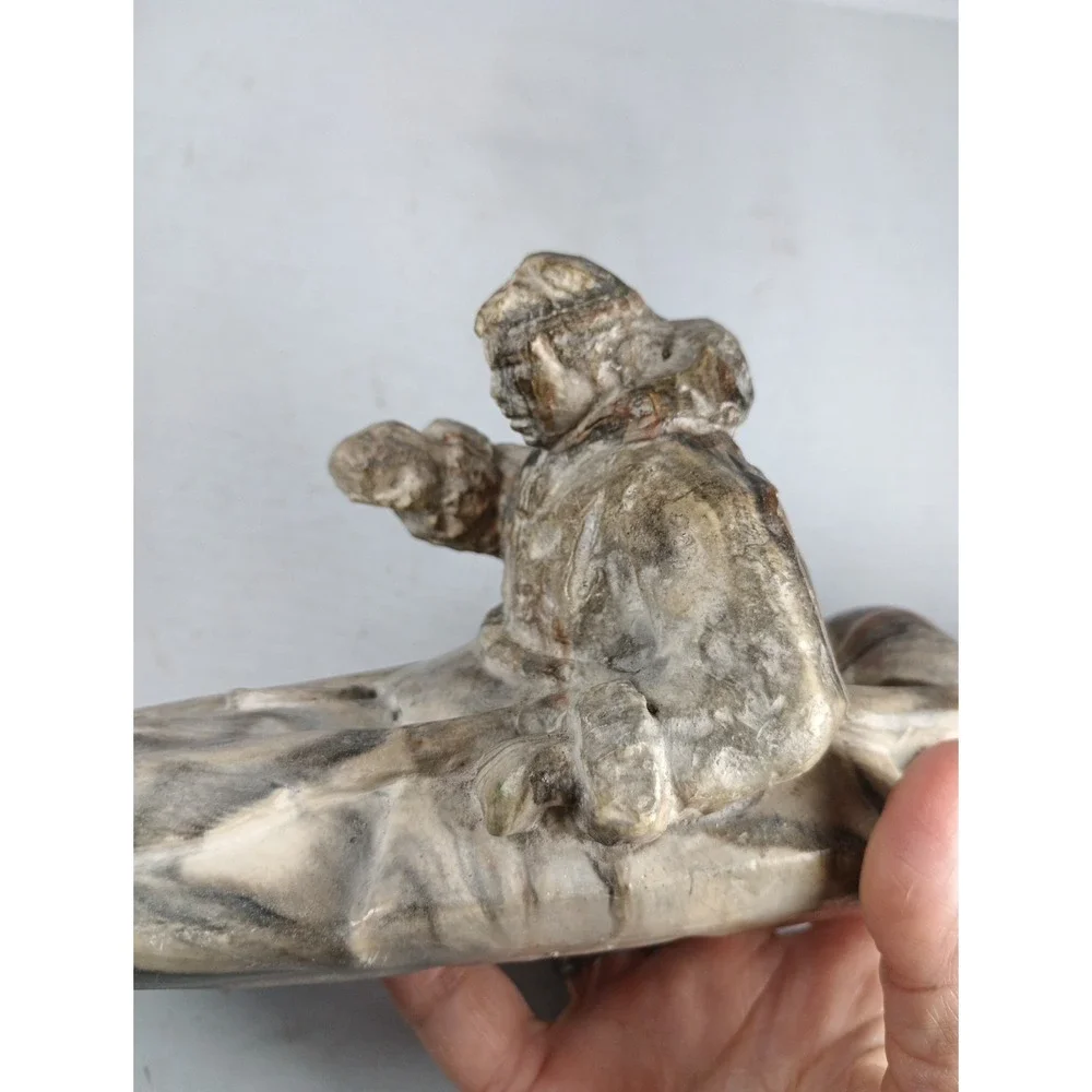 Vintage Canadian Inuit Hand Sculpted Stone Native American Canoeing 12.5